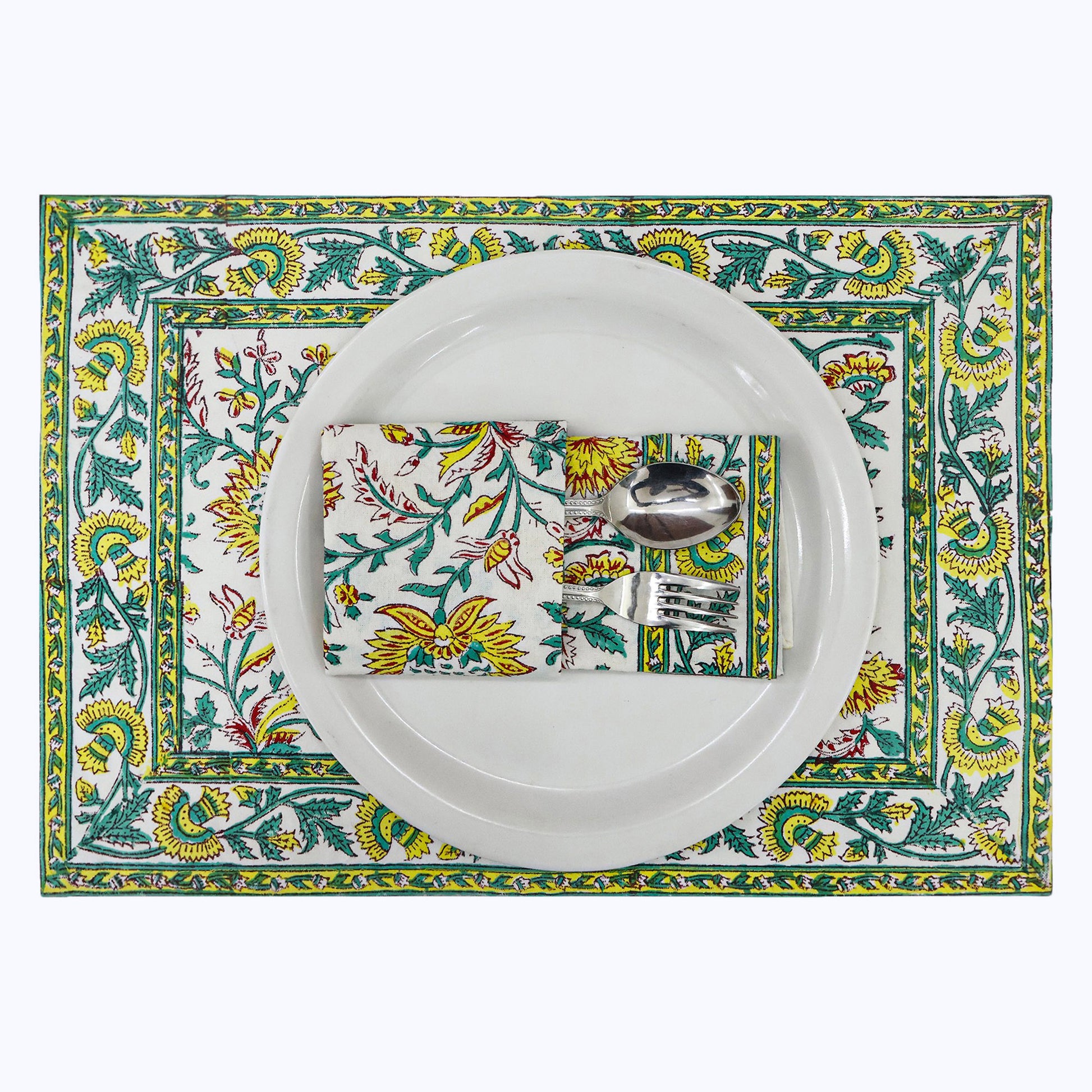 Green and Yellow Handmade Block Printed Cotton Napkins Set Of 4 - My Store