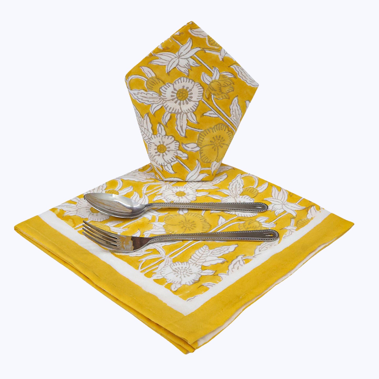 Yellow and White Hand Block Printed Napkins Set Of 4 - My Store