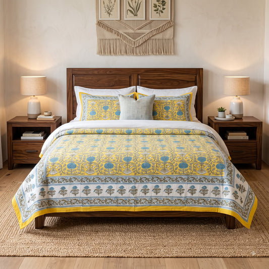 Cotton Bedsheet – Hand Block Floral Print – Yellow and Sky Blue – King, Queen, Twin Sizes