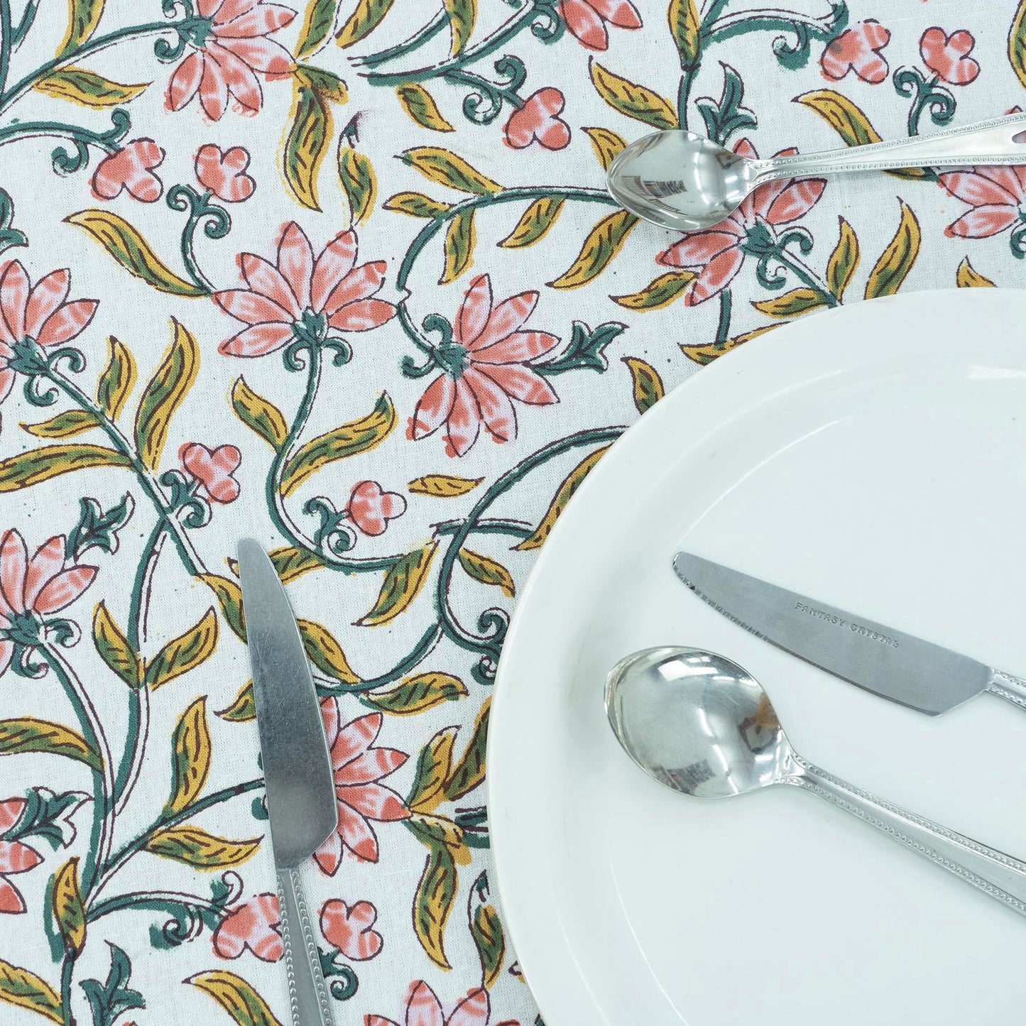 Indian Handmade Block Printed Cotton Yellow and Pink Rectangle Tablecloth - My Store