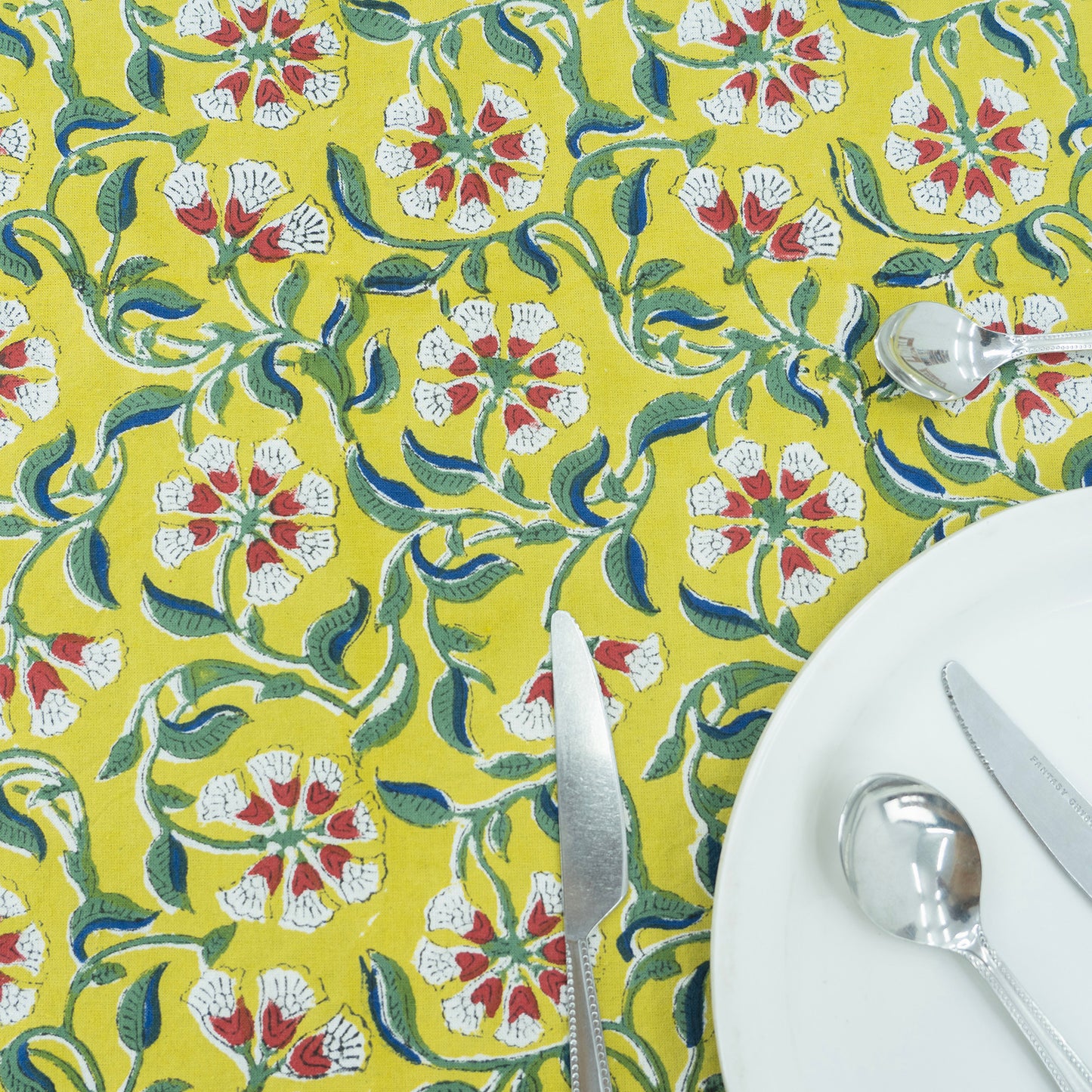 Indian Handmade Block Printed Cotton Yellow and Green Rectangle Tablecloth - My Store