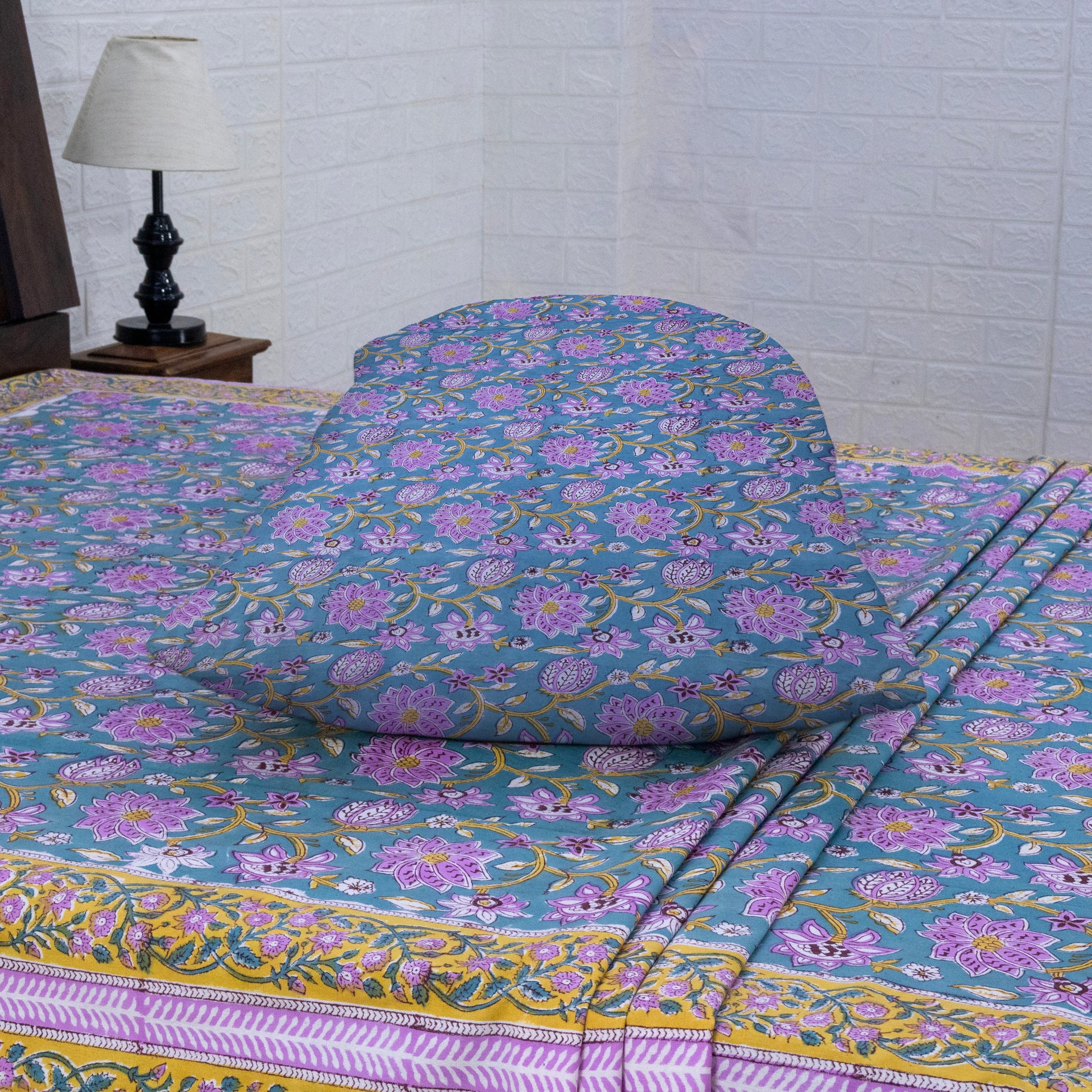 Cotton Bedsheet – Hand Block Floral Print – Green and Pink – King, Queen, Twin Sizes - My Store