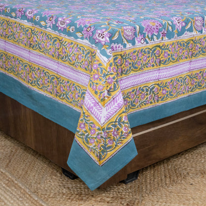 Cotton Bedsheet – Hand Block Floral Print – Green and Pink – King, Queen, Twin Sizes - My Store