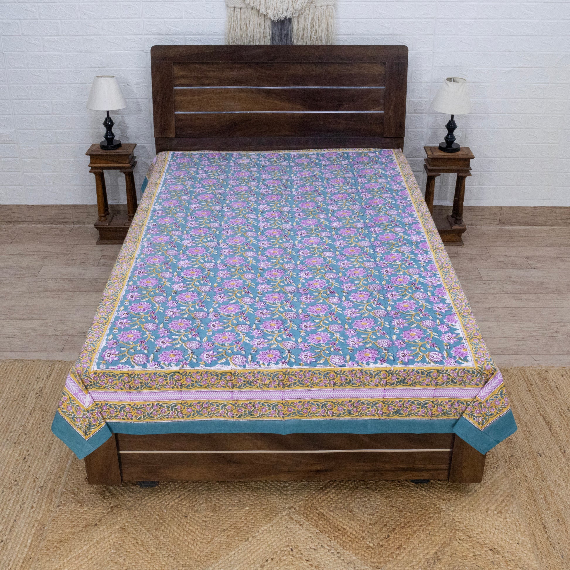 Cotton Bedsheet – Hand Block Floral Print – Green and Pink – King, Queen, Twin Sizes - My Store