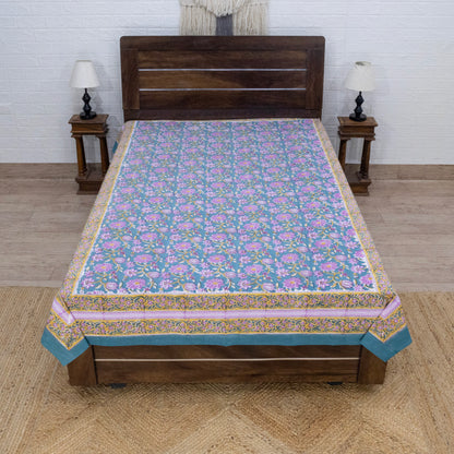 Cotton Bedsheet – Hand Block Floral Print – Green and Pink – King, Queen, Twin Sizes - My Store