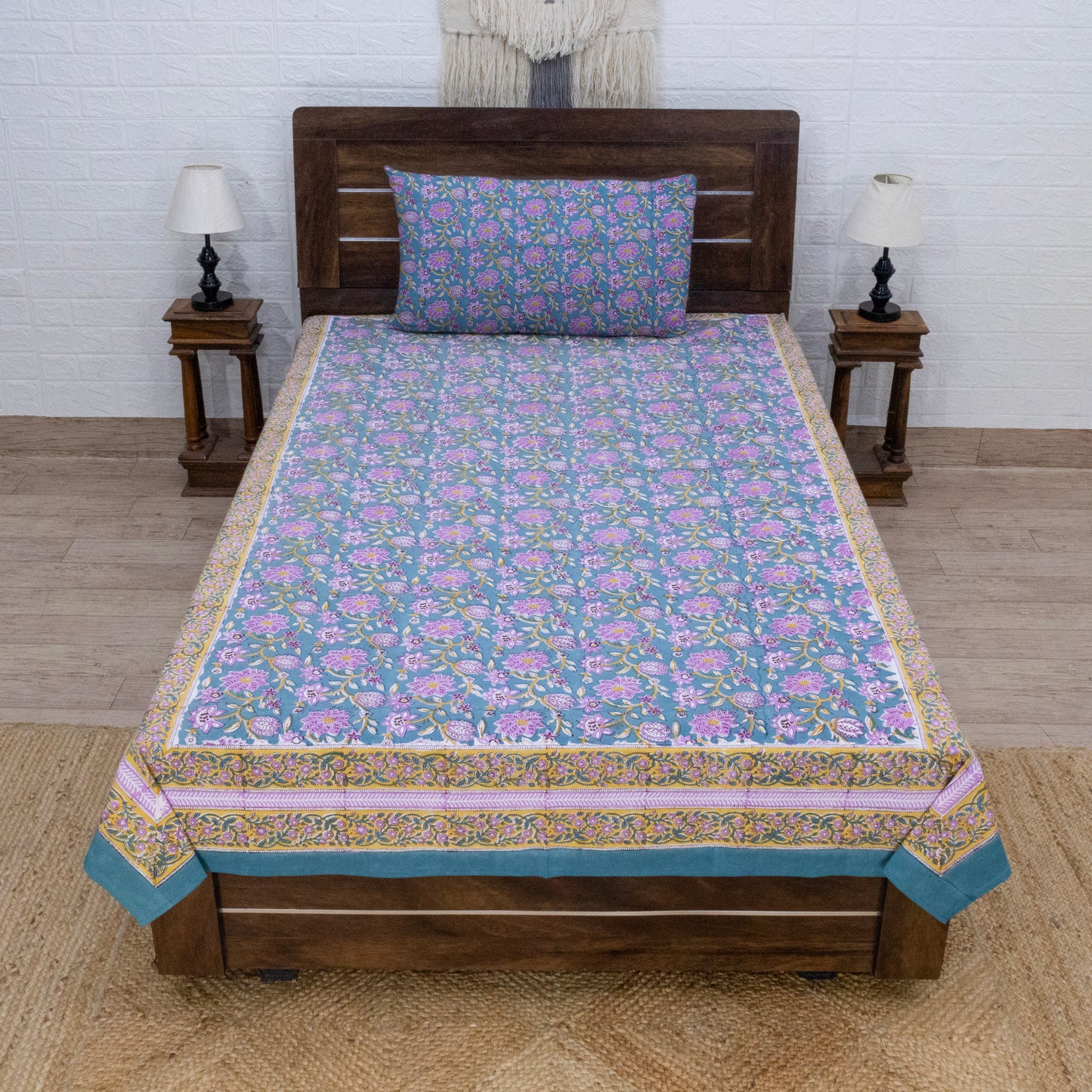 Cotton Bedsheet – Hand Block Floral Print – Green and Pink – King, Queen, Twin Sizes - My Store