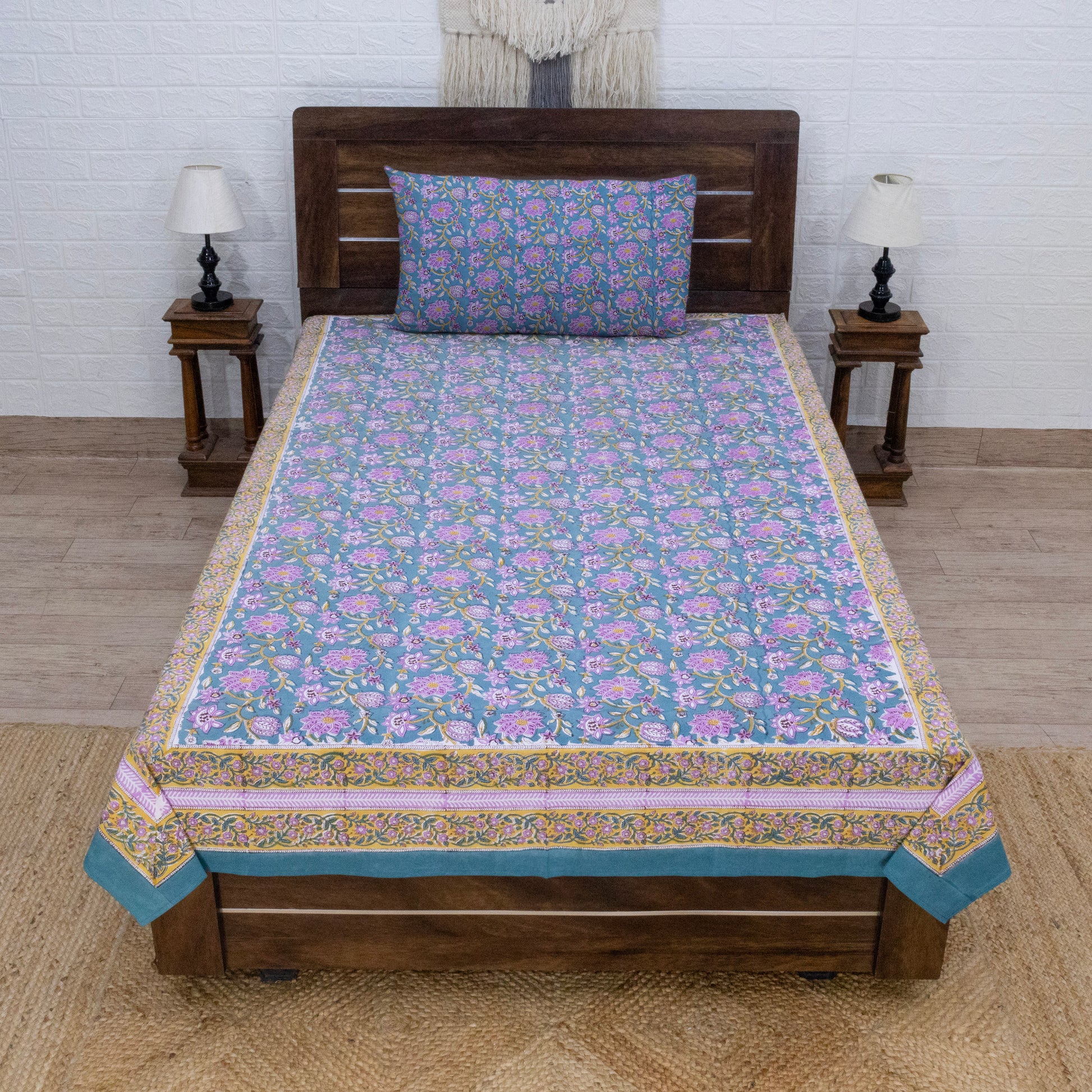 Cotton Bedsheet – Hand Block Floral Print – Green and Pink – King, Queen, Twin Sizes - My Store