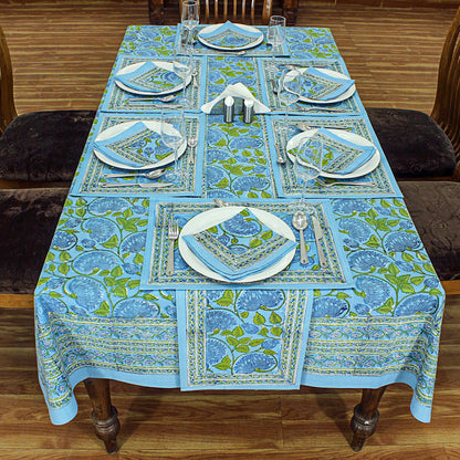 Blue & Green Hand Block Printed Tablecloth For Dining Decor - My Store