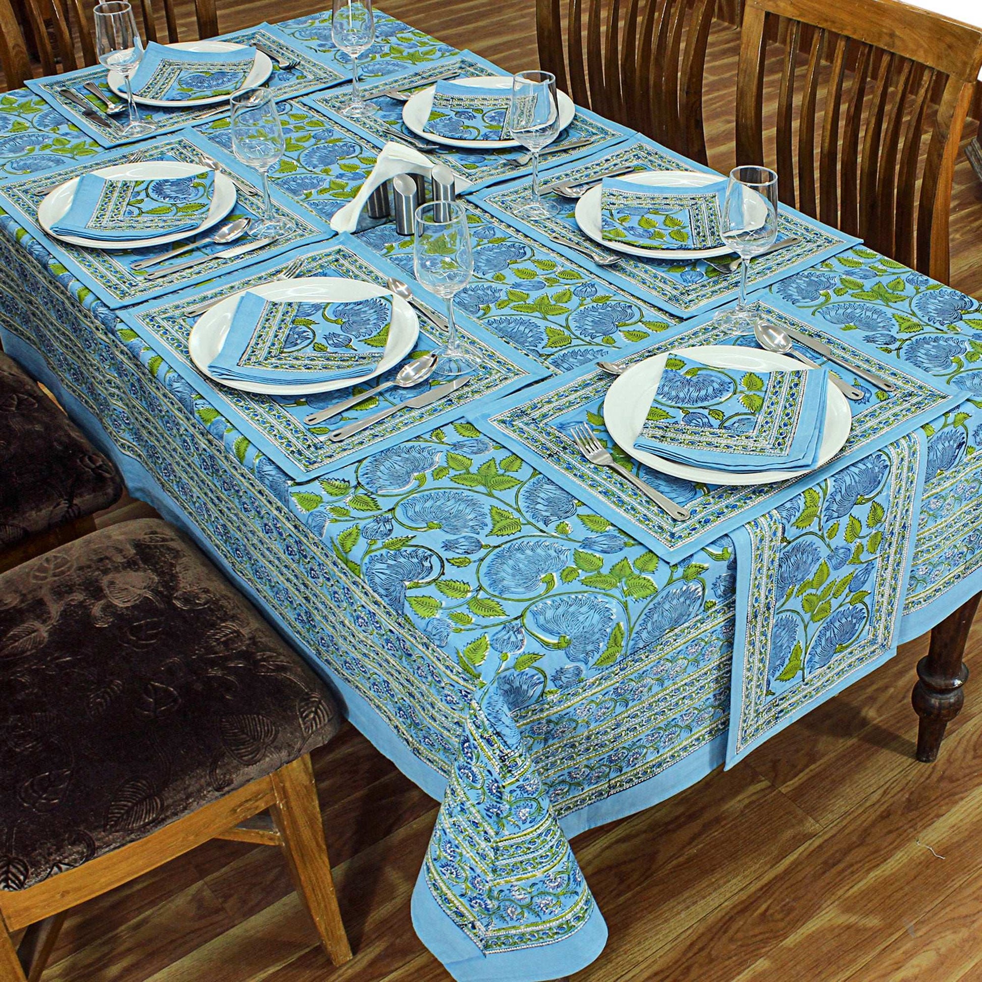 Blue & Green Hand Block Printed Tablecloth For Dining Decor - My Store