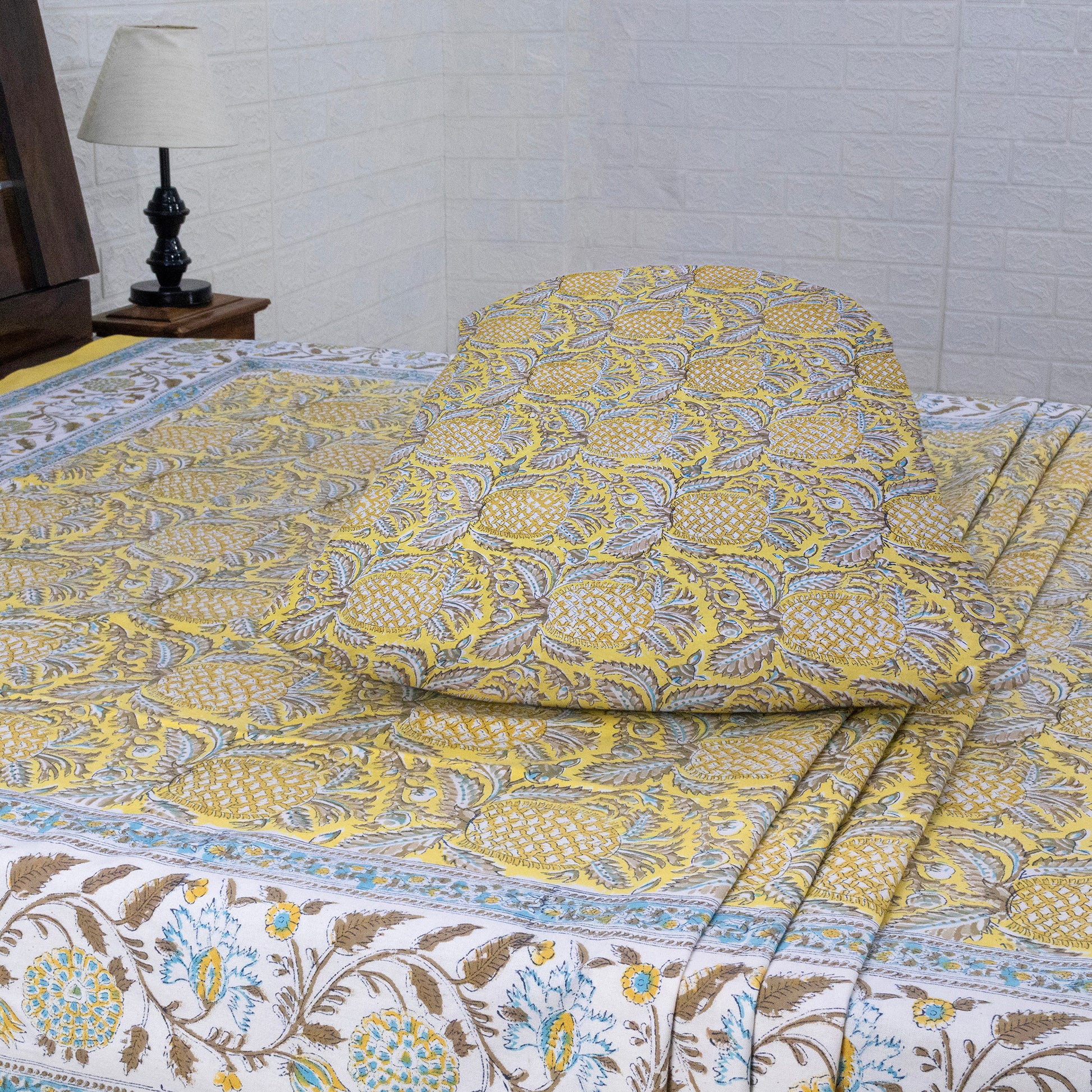Cotton Bedsheet – Hand Block Floral Print – Yellow and Brown – King, Queen, Twin Sizes - My Store