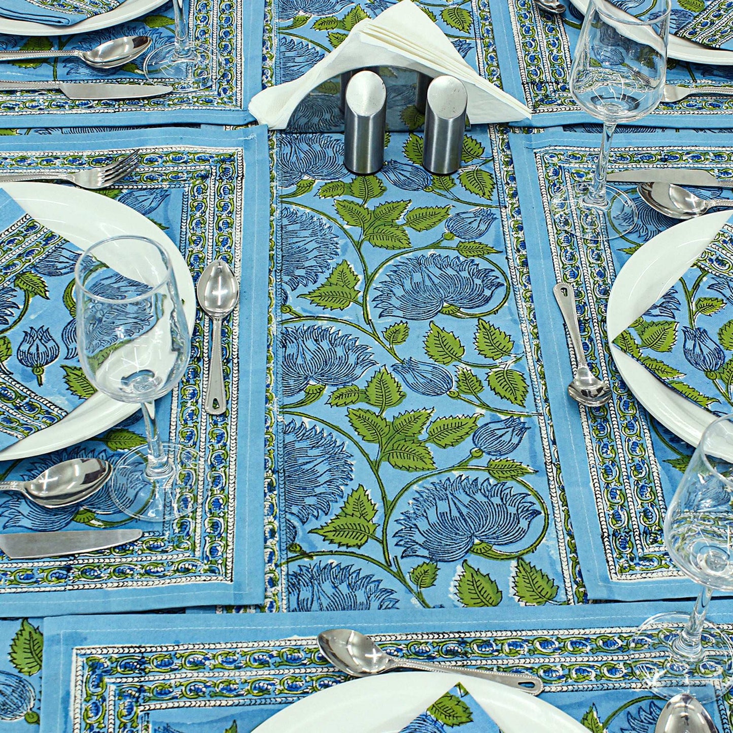 Blue & Green Hand Block Printed Tablecloth For Dining Decor - My Store