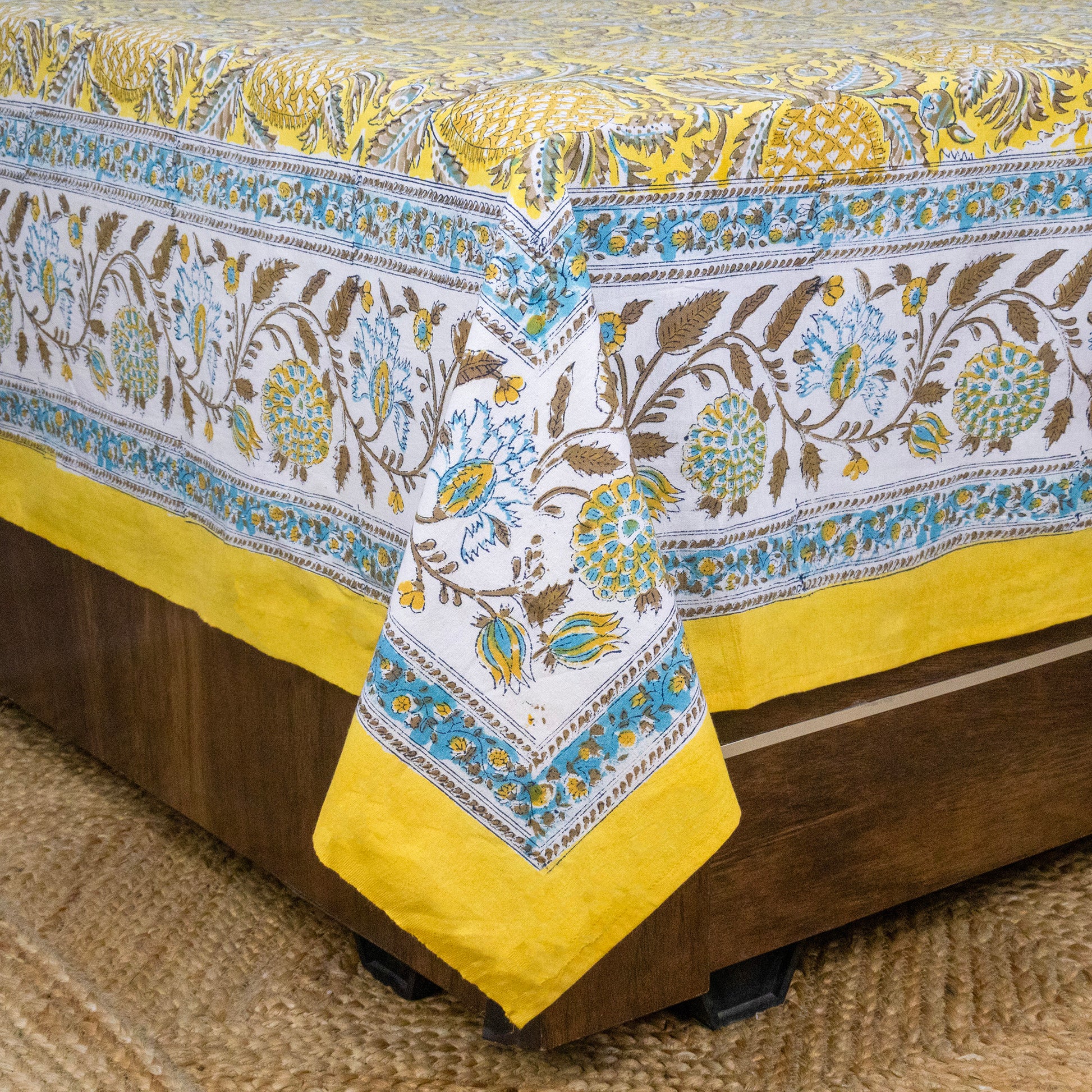 Cotton Bedsheet – Hand Block Floral Print – Yellow and Brown – King, Queen, Twin Sizes - My Store