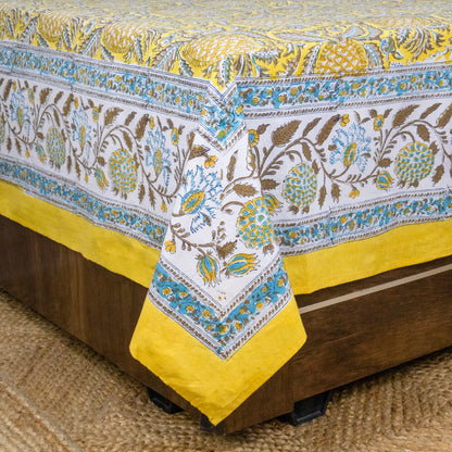Cotton Bedsheet – Hand Block Floral Print – Yellow and Brown – King, Queen, Twin Sizes - My Store