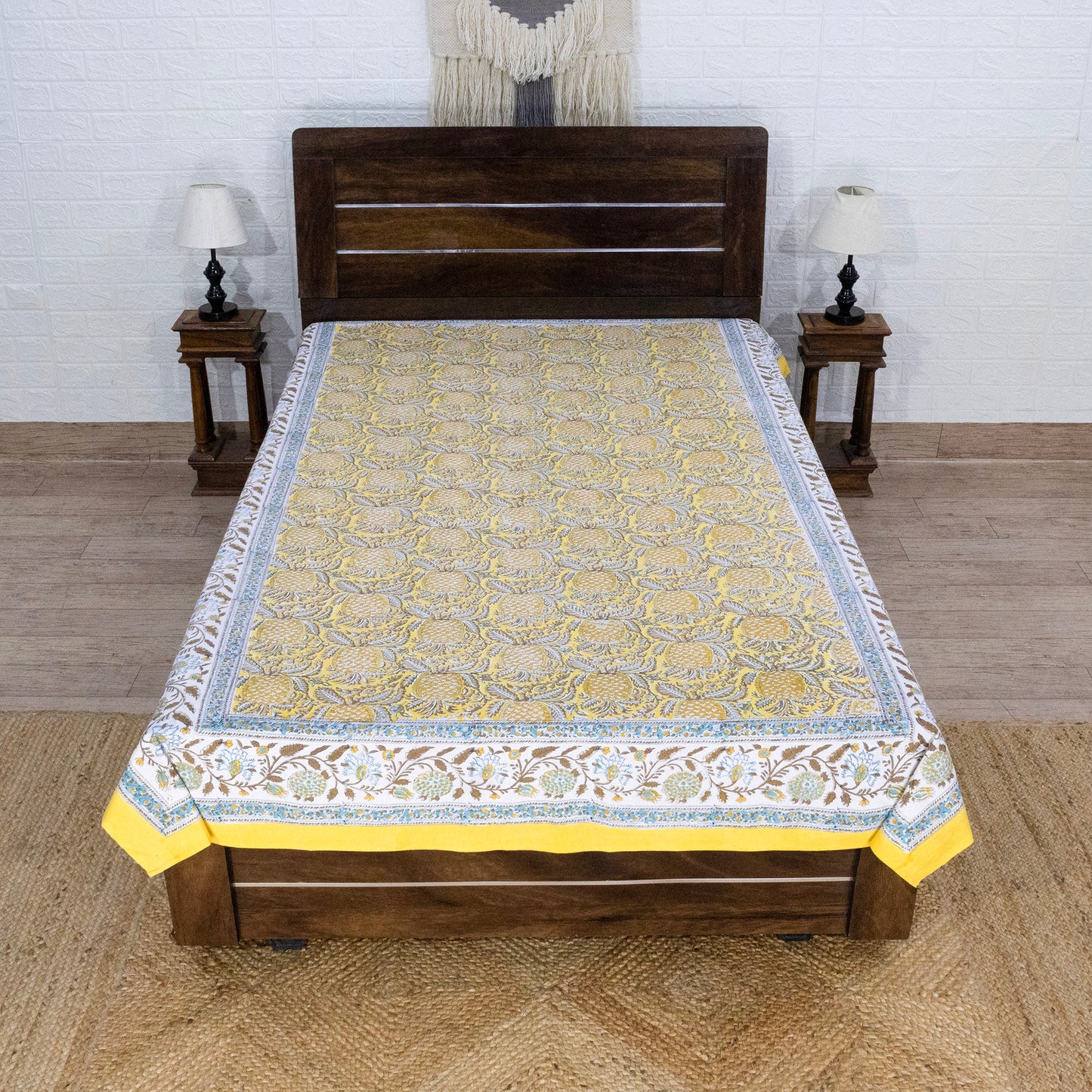 Cotton Bedsheet – Hand Block Floral Print – Yellow and Brown – King, Queen, Twin Sizes - My Store