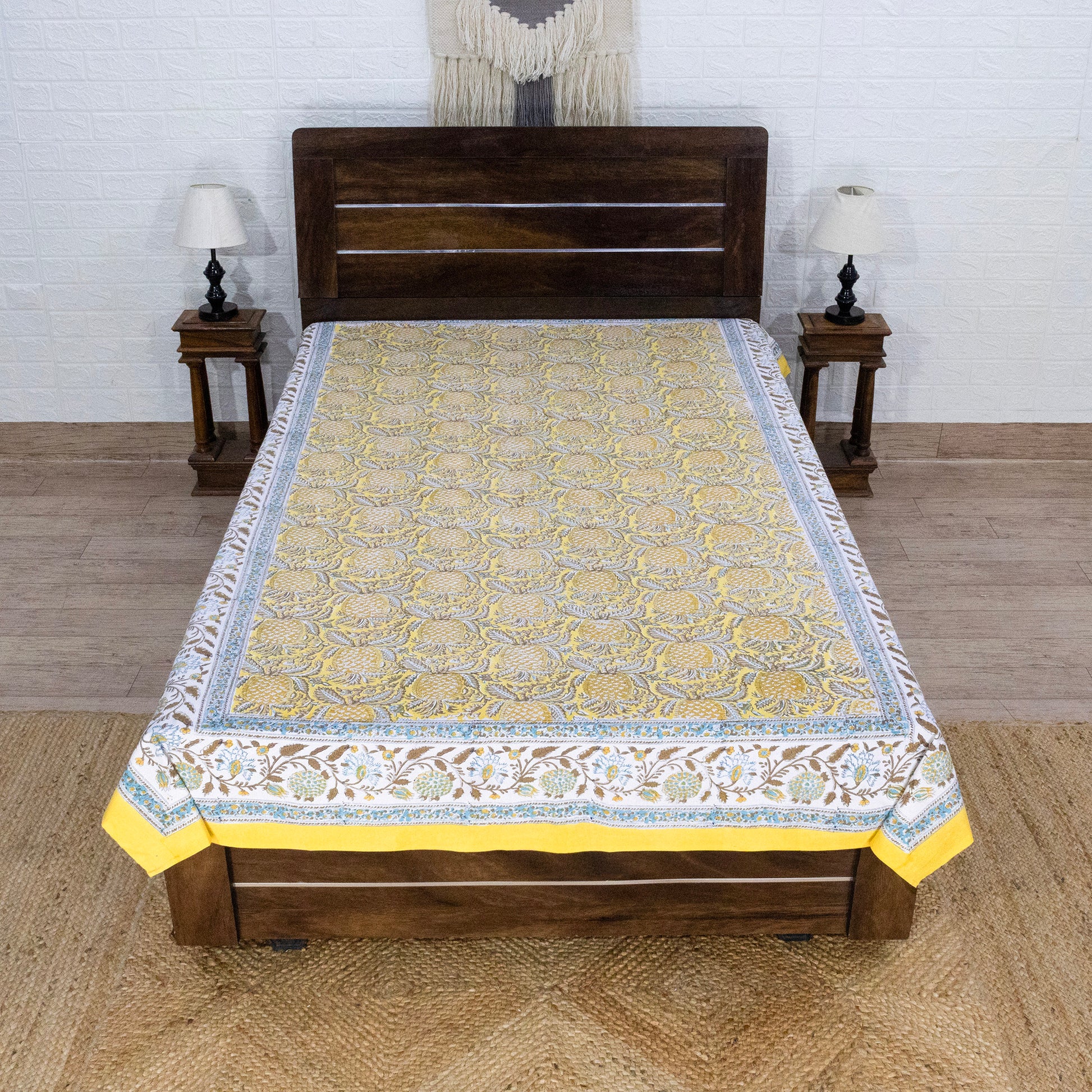 Cotton Bedsheet – Hand Block Floral Print – Yellow and Brown – King, Queen, Twin Sizes - My Store