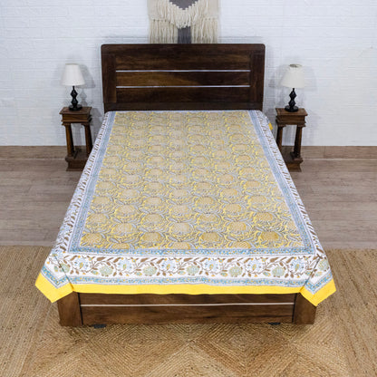 Cotton Bedsheet – Hand Block Floral Print – Yellow and Brown – King, Queen, Twin Sizes - My Store