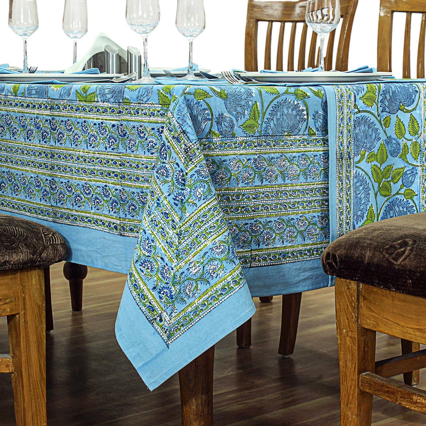 Blue & Green Hand Block Printed Tablecloth For Dining Decor - My Store