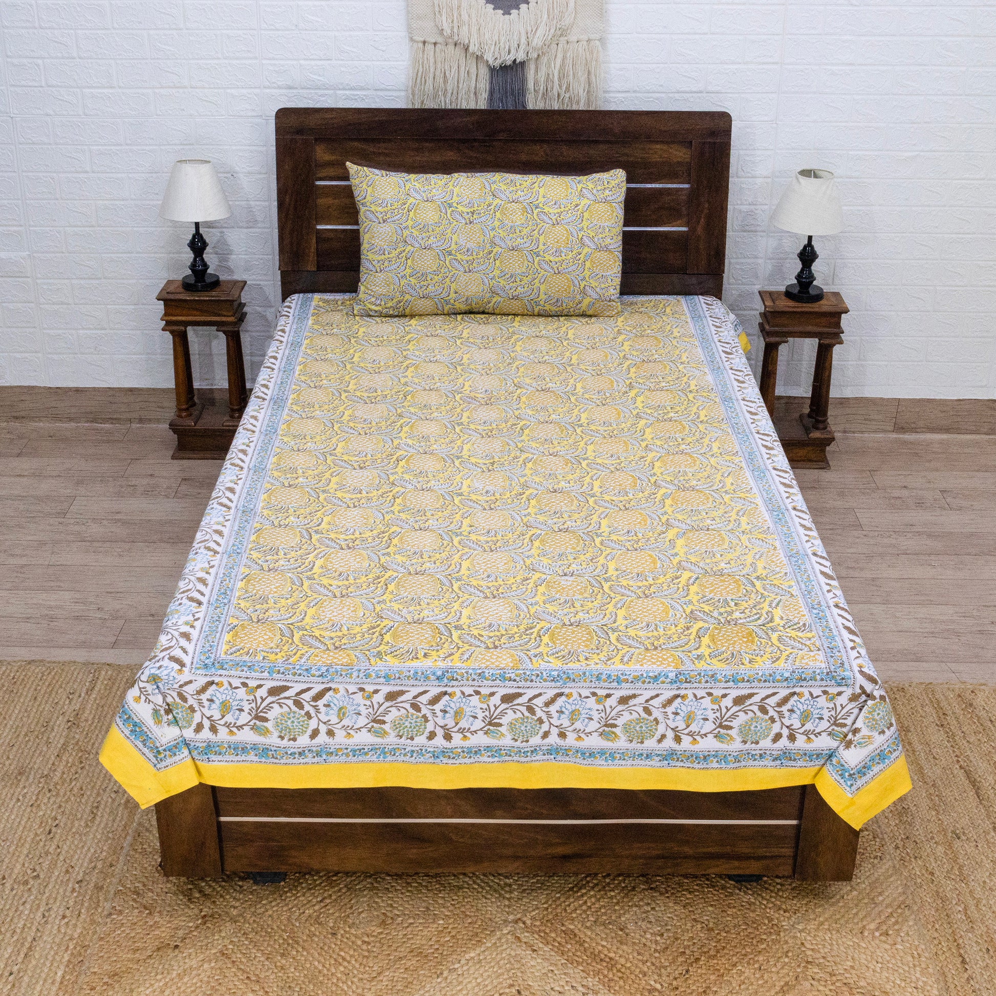 Cotton Bedsheet – Hand Block Floral Print – Yellow and Brown – King, Queen, Twin Sizes - My Store
