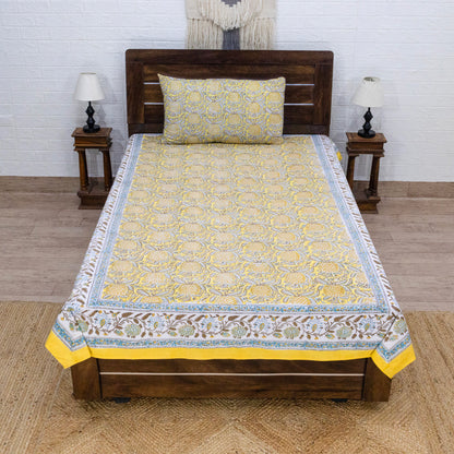 Cotton Bedsheet – Hand Block Floral Print – Yellow and Brown – King, Queen, Twin Sizes - My Store
