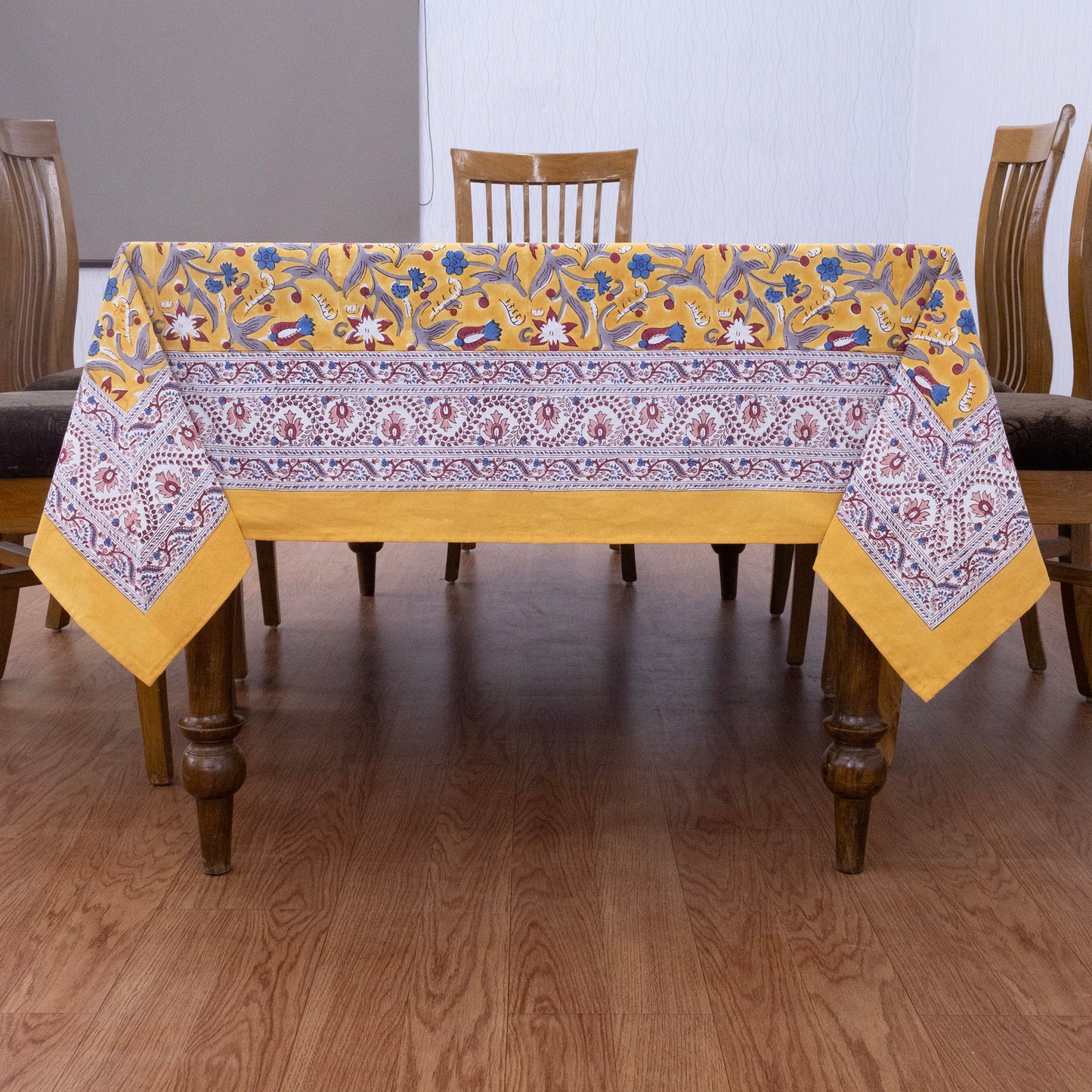 Indian Block Printed - Handmade Cotton Tablecloth - Old Gold With Floral Table Cover - My Store