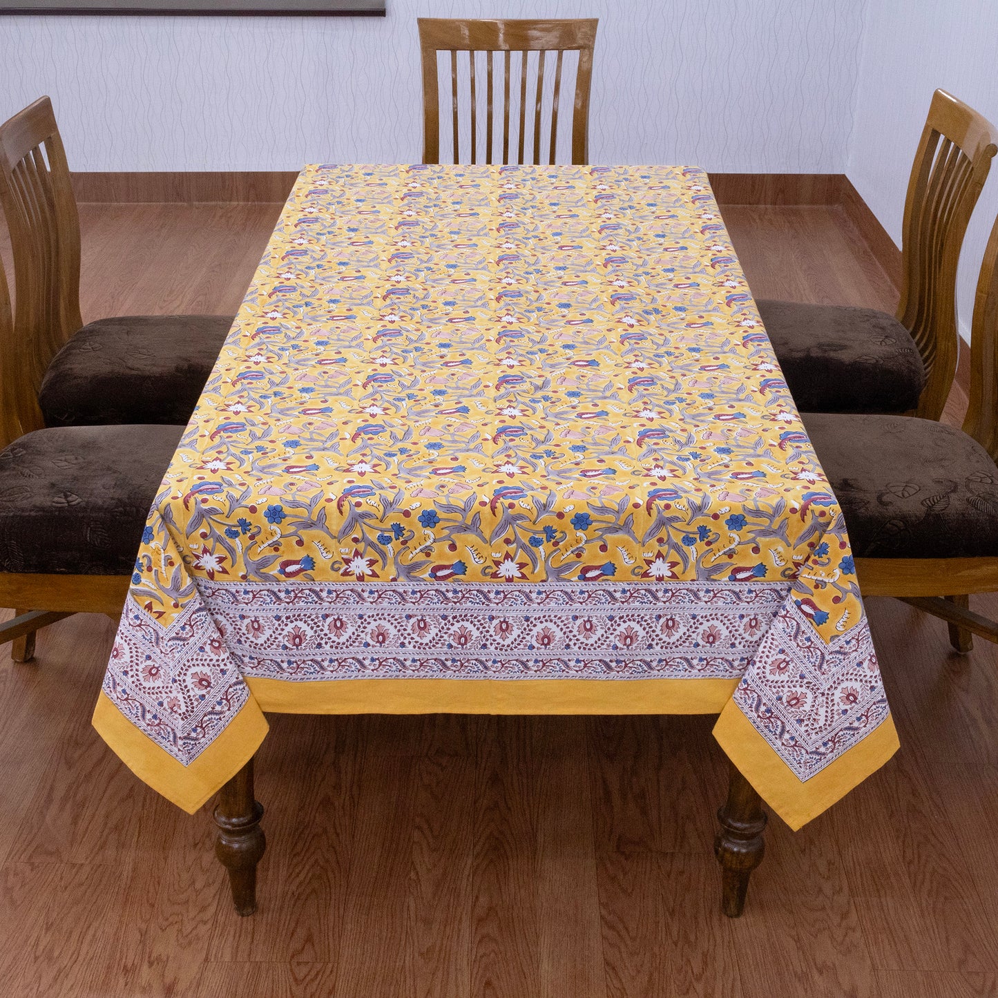 Indian Block Printed - Handmade Cotton Tablecloth - Old Gold With Floral Table Cover - My Store