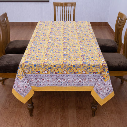 Indian Block Printed - Handmade Cotton Tablecloth - Old Gold With Floral Table Cover - My Store