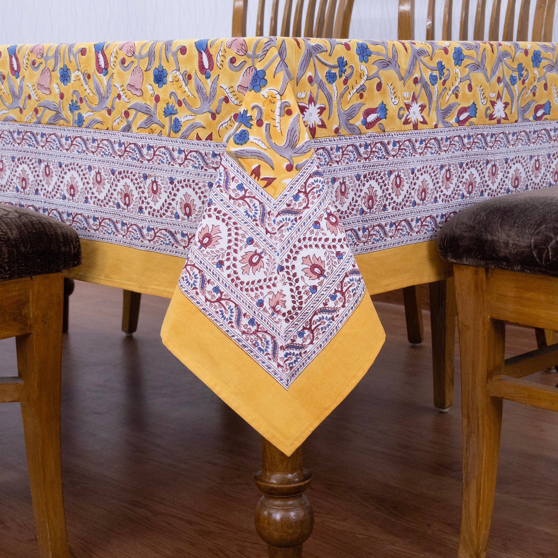 Indian Block Printed - Handmade Cotton Tablecloth - Old Gold With Floral Table Cover - My Store