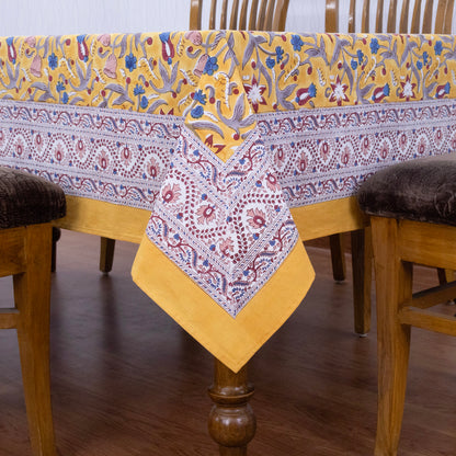 Indian Block Printed - Handmade Cotton Tablecloth - Old Gold With Floral Table Cover - My Store