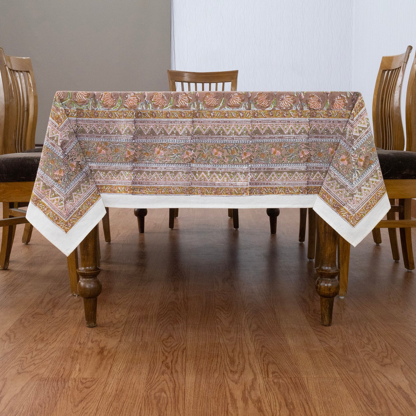 Brown and White Block Print Cotton Tablecloth, Handmade Indian Rectangle Table Linen - My Store