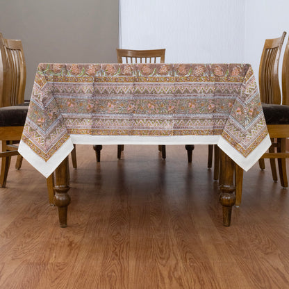 Brown and White Block Print Cotton Tablecloth, Handmade Indian Rectangle Table Linen - My Store