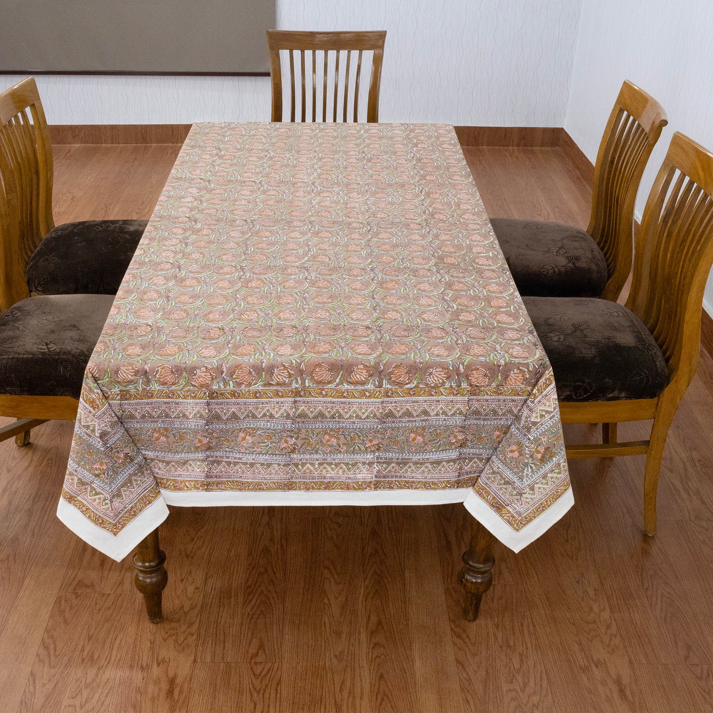 Brown and White Block Print Cotton Tablecloth, Handmade Indian Rectangle Table Linen - My Store