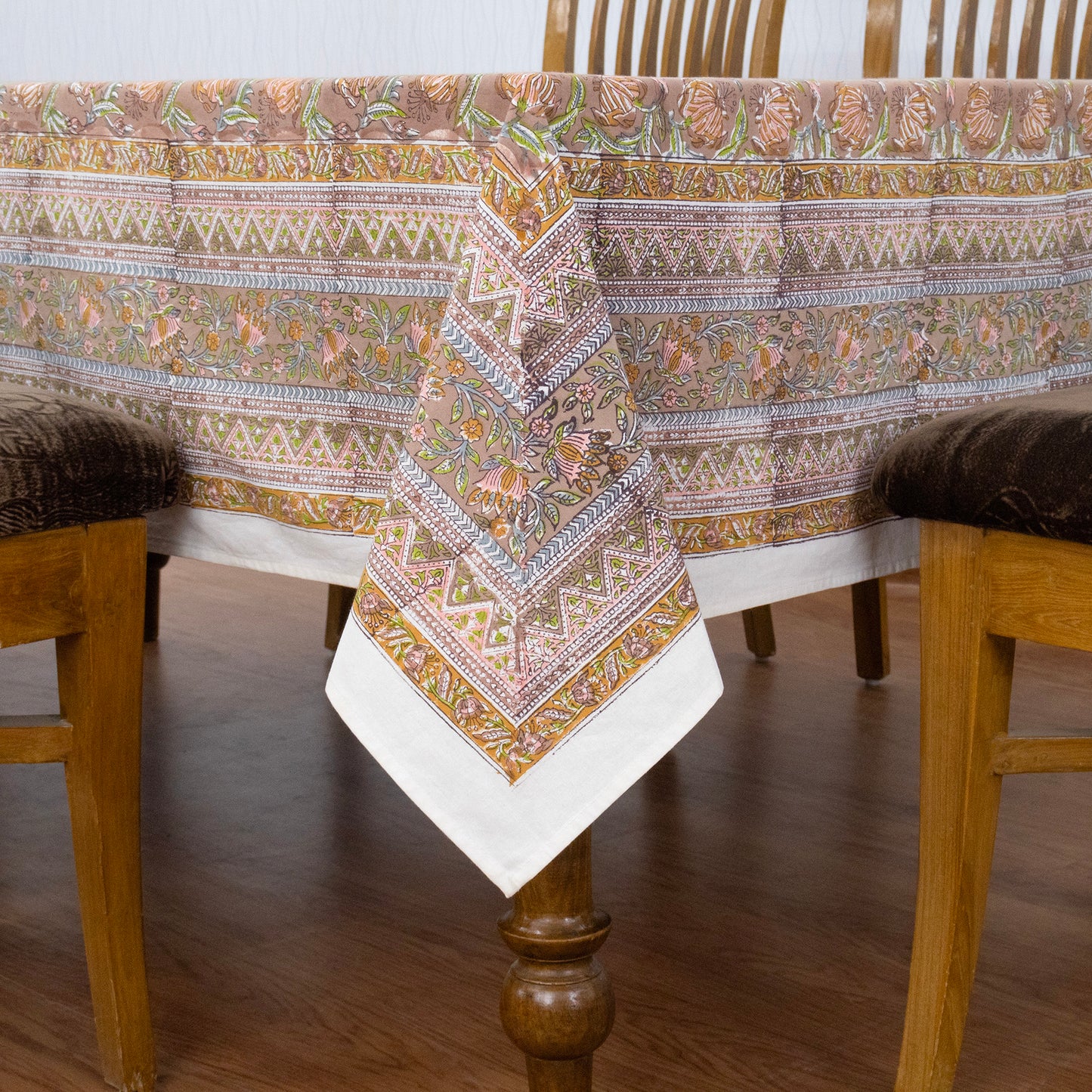 Brown and White Block Print Cotton Tablecloth, Handmade Indian Rectangle Table Linen - My Store