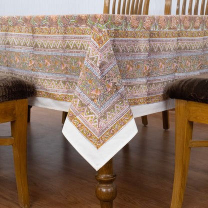 Brown and White Block Print Cotton Tablecloth, Handmade Indian Rectangle Table Linen - My Store