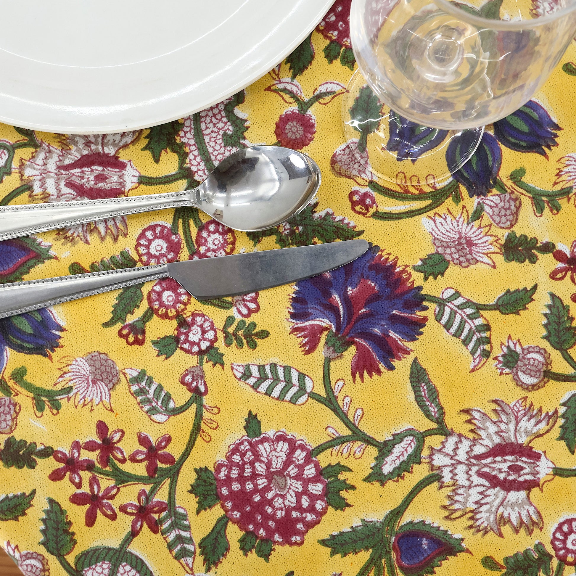 Floral Hand Block Printed Round Cotton Tablecloth - My Store