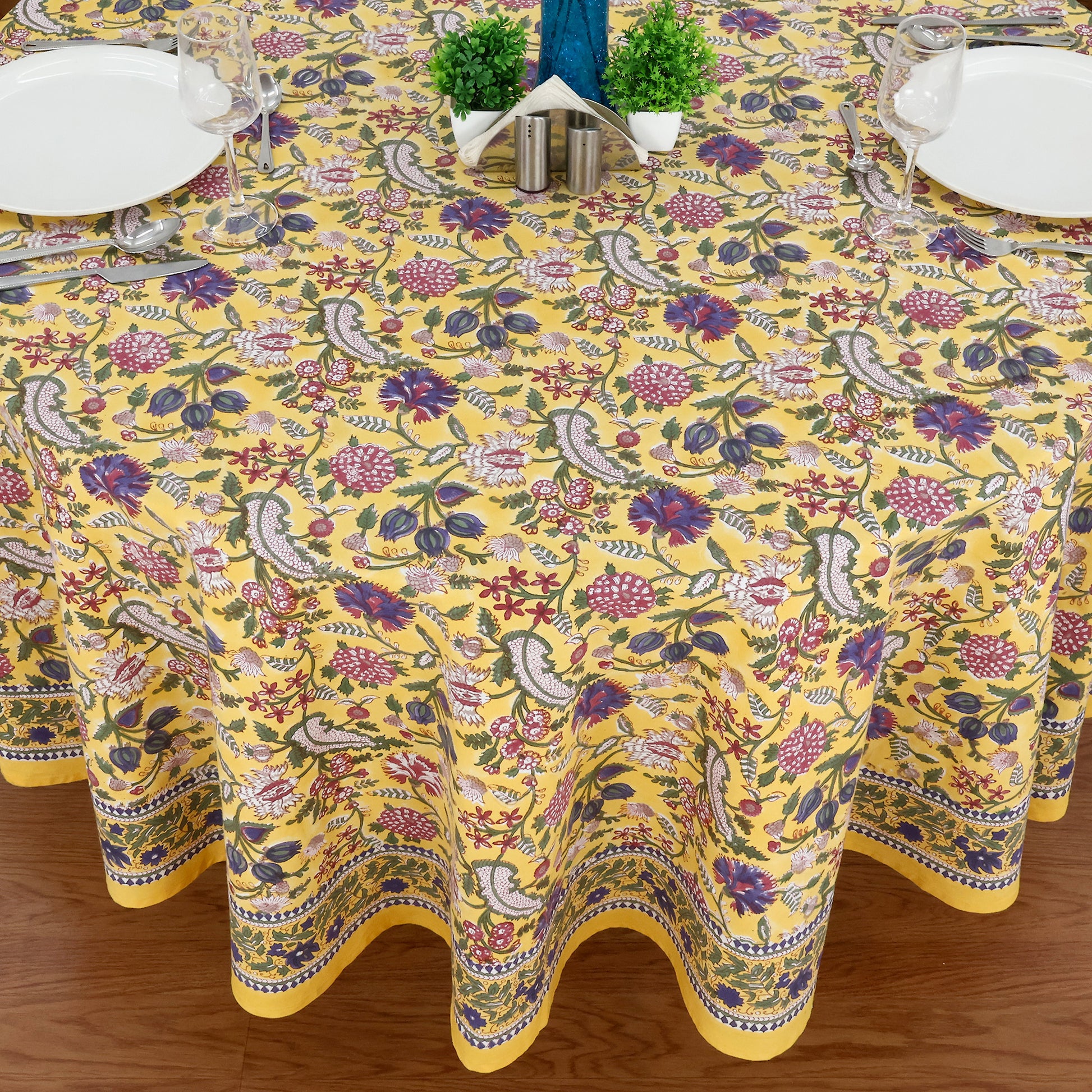 Floral Hand Block Printed Round Cotton Tablecloth - My Store