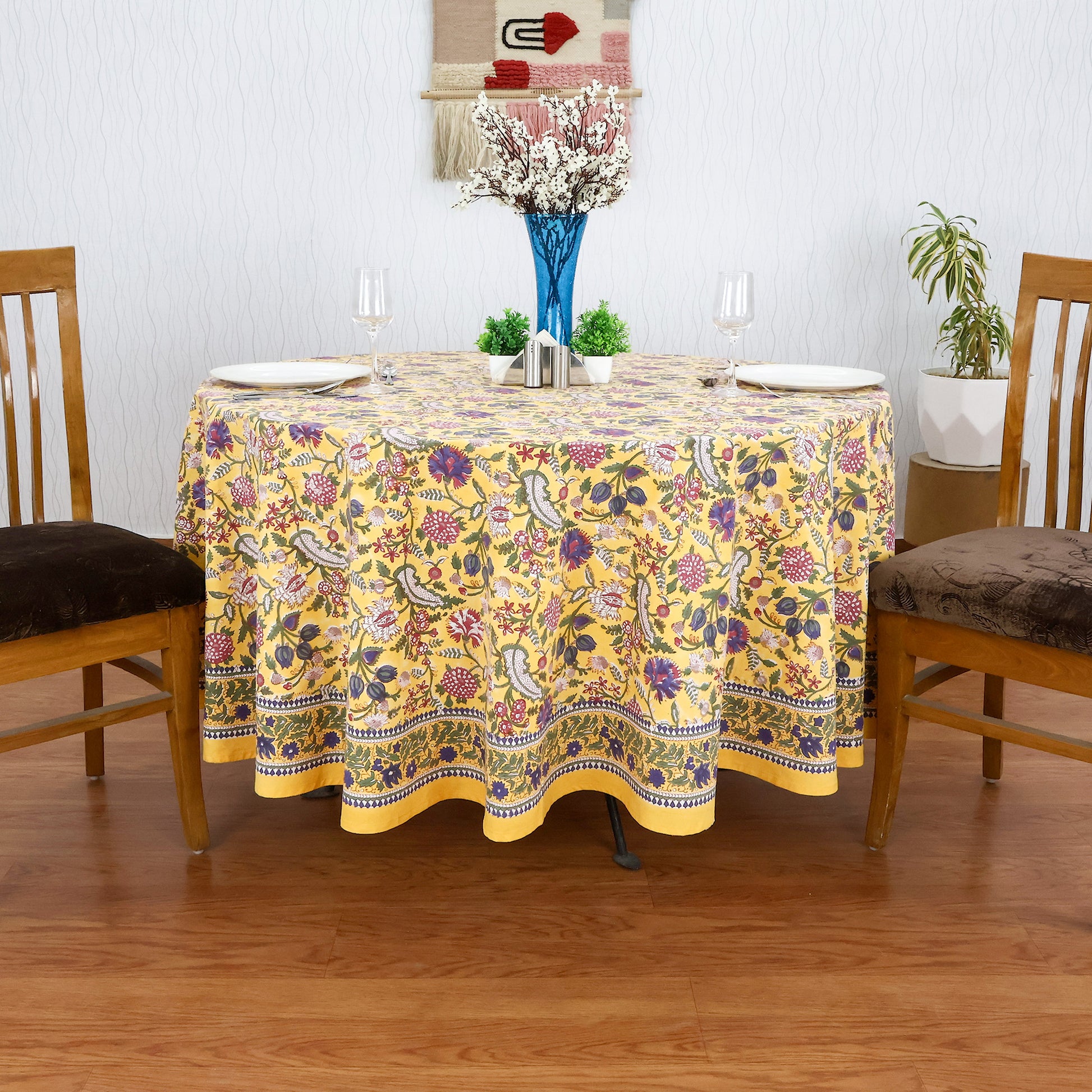 Floral Hand Block Printed Round Cotton Tablecloth - My Store