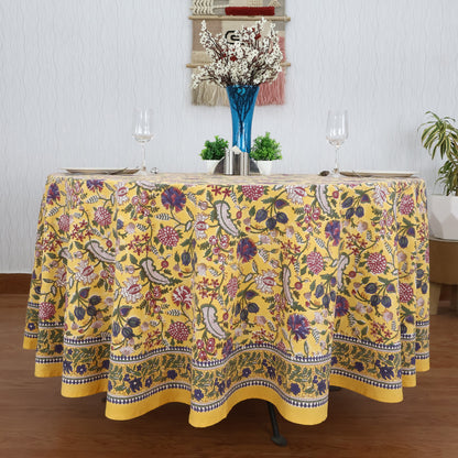 Floral Hand Block Printed Round Cotton Tablecloth - My Store
