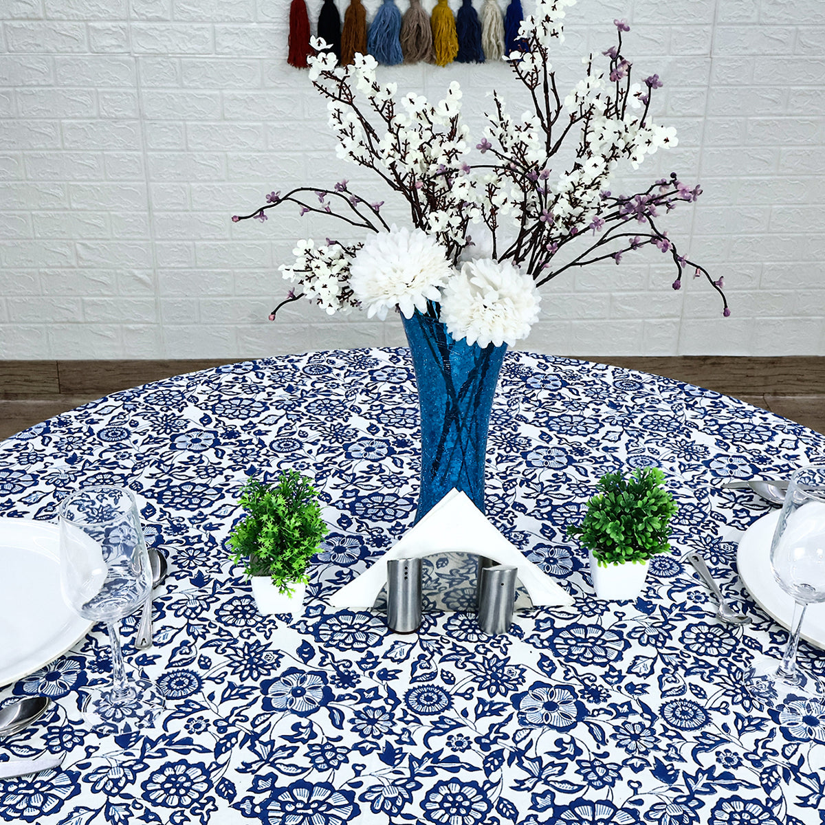 Blue and White Handmade Block Printed Round Tablecloth - My Store