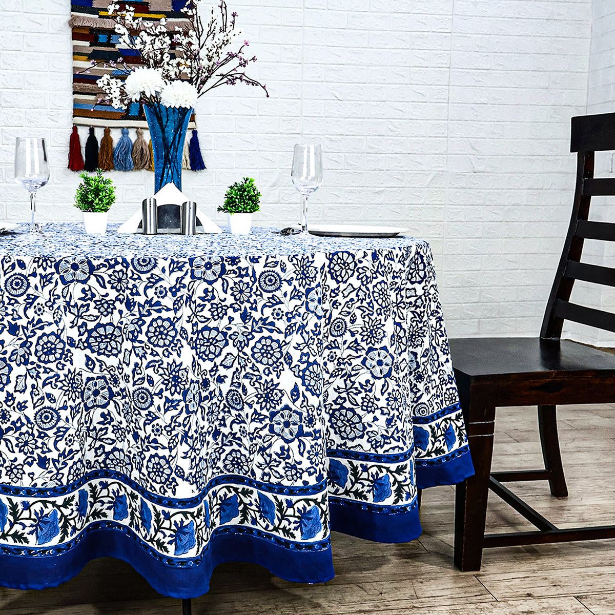 Blue and White Handmade Block Printed Round Tablecloth - My Store