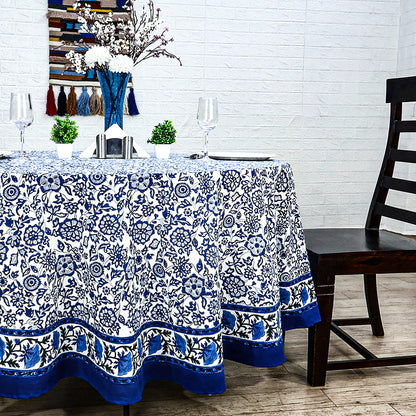 Blue and White Handmade Block Printed Round Tablecloth - My Store