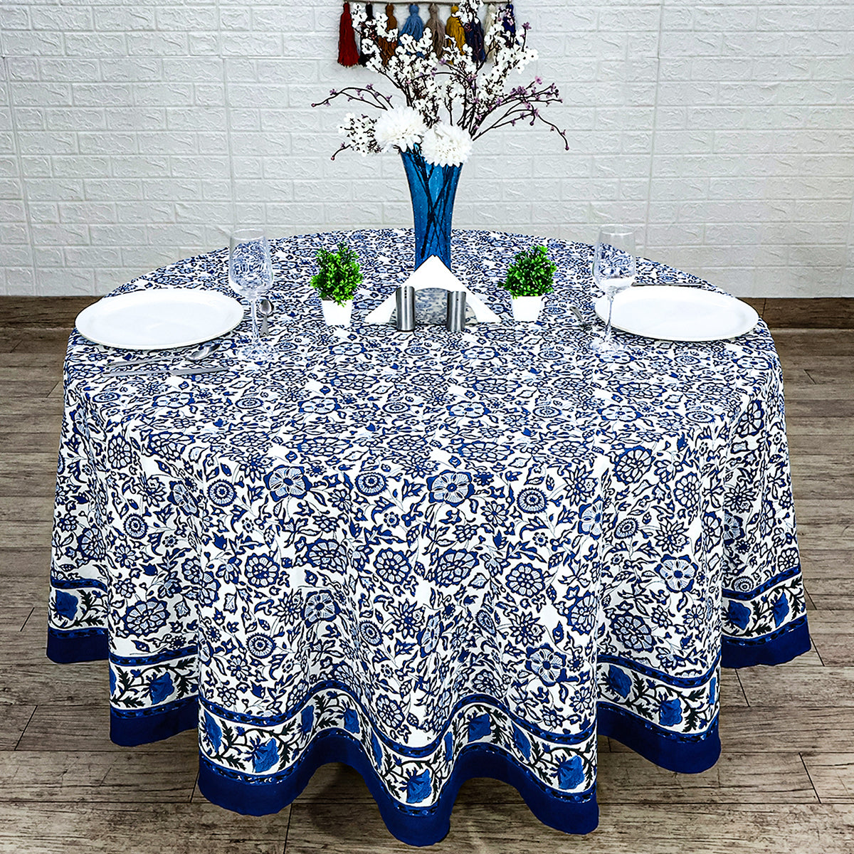 Blue and White Handmade Block Printed Round Tablecloth - My Store