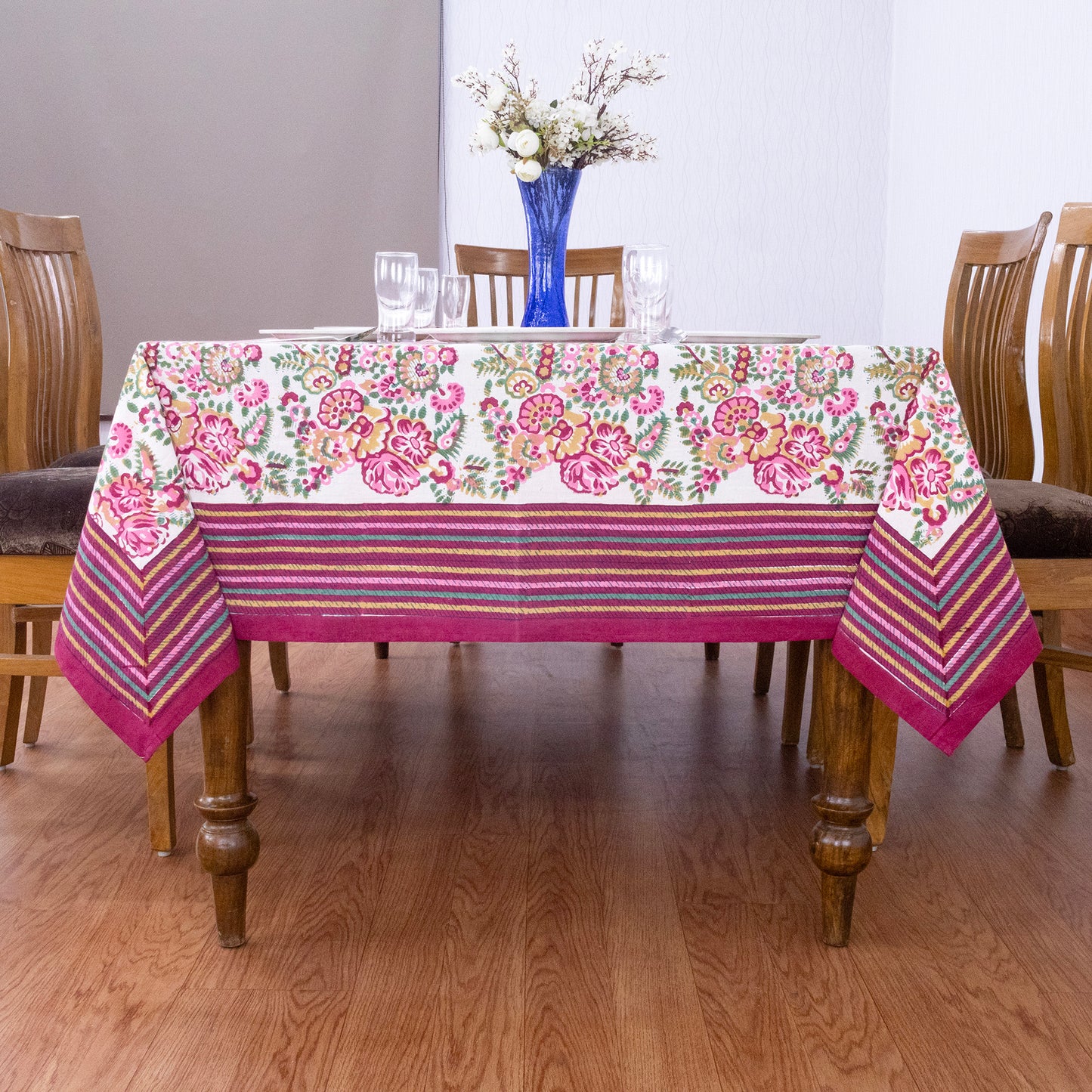 Indian Handmade Block Printed Cotton Pink and Green Rectangle Tablecloth - My Store