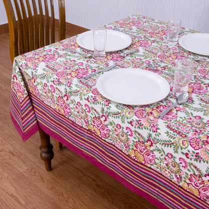 Indian Handmade Block Printed Cotton Pink and Green Rectangle Tablecloth - My Store
