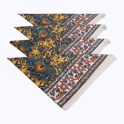 Green & Yellow Handmade Block Printed Cotton Napkins Set Of 4 Pieces - My Store
