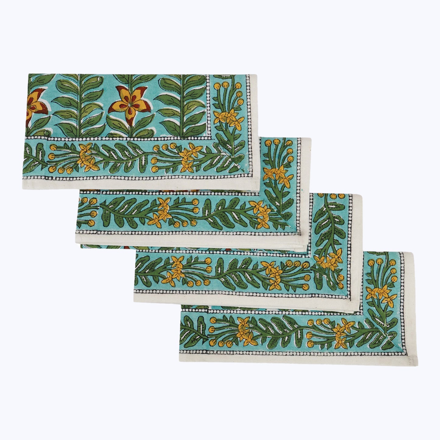 Green and Yellow Hand Block Printed Cotton Napkins Set Of 4 - My Store