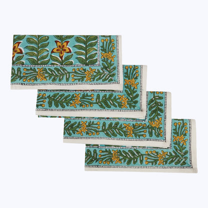 Green and Yellow Hand Block Printed Cotton Napkins Set Of 4 - My Store