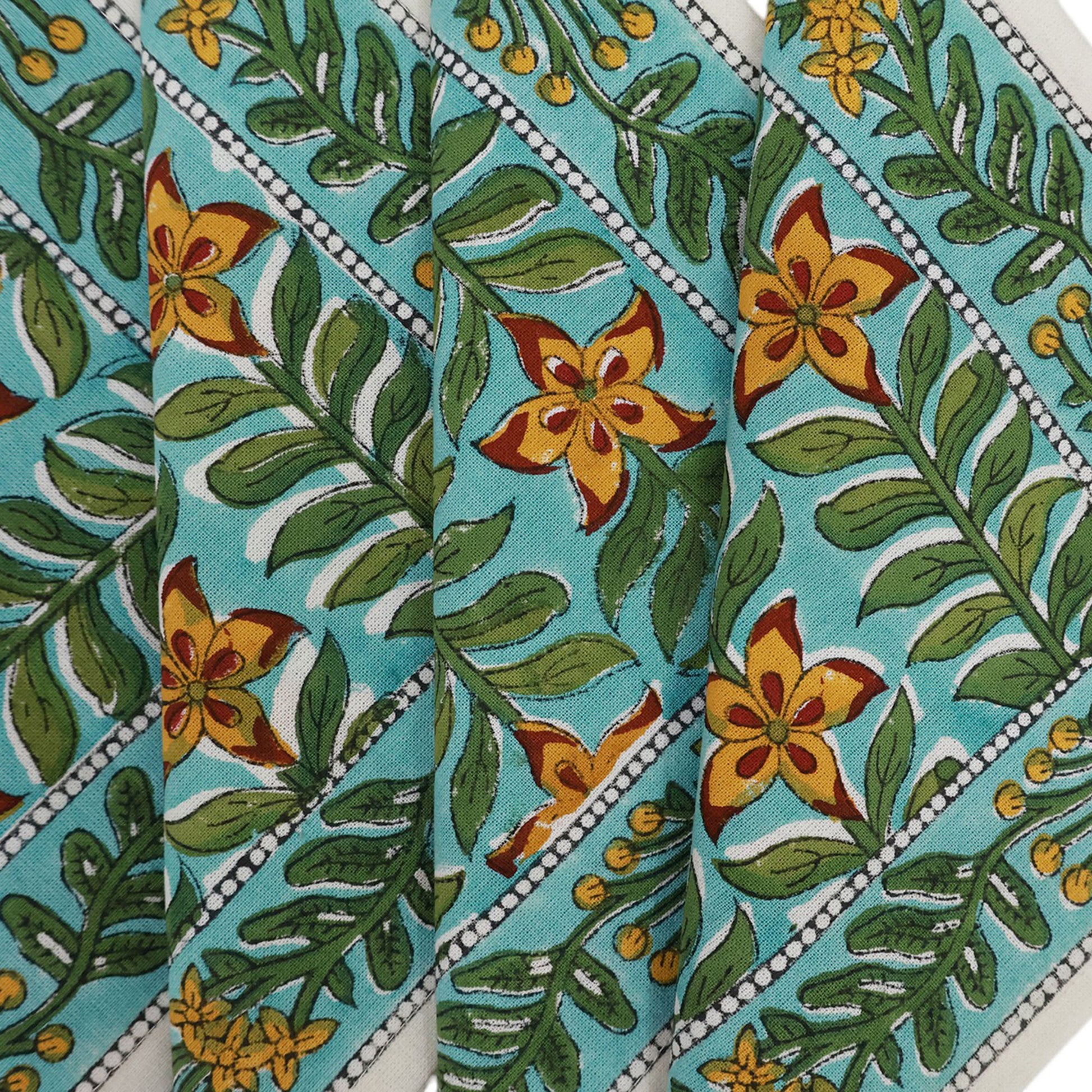Green and Yellow Hand Block Printed Cotton Napkins Set Of 4 - My Store