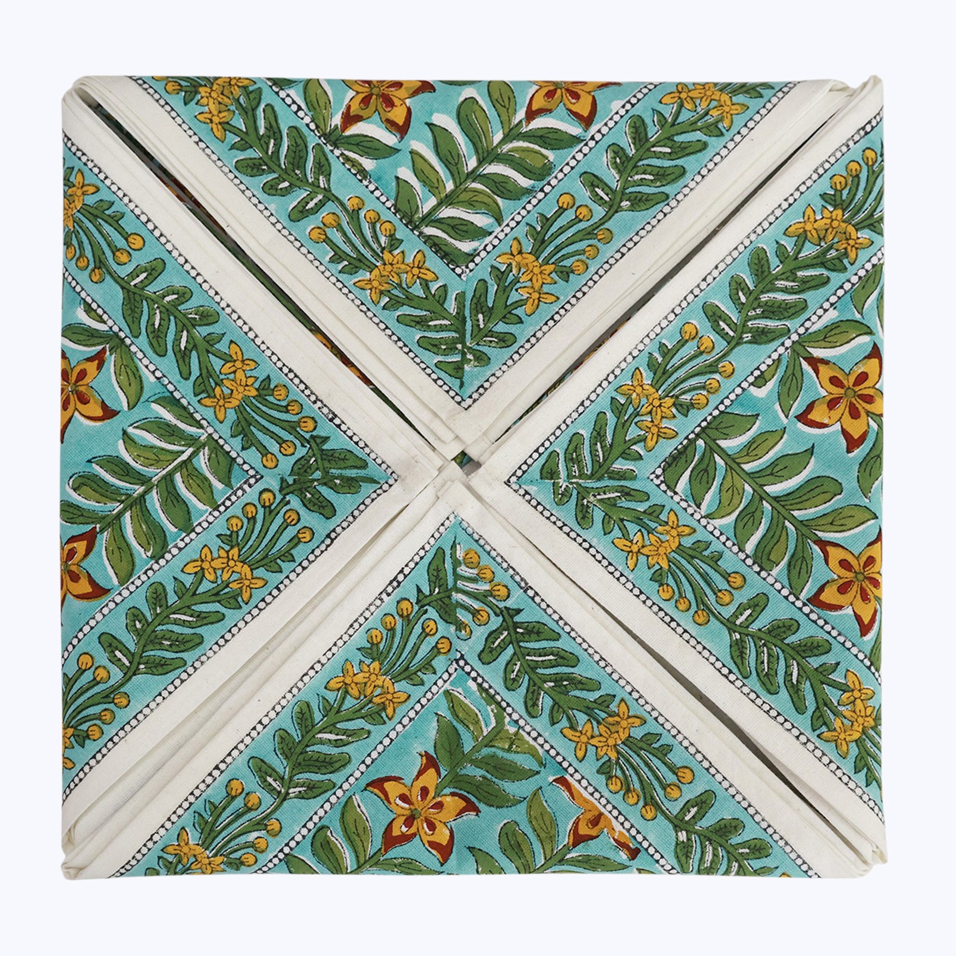 Green and Yellow Hand Block Printed Cotton Napkins Set Of 4 - My Store