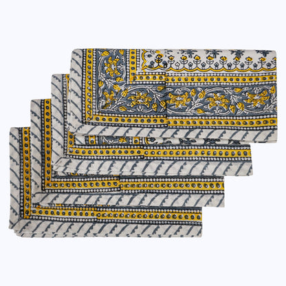 Yellow and White Hand Block Printed Cotton Napkins Set Of 4 Pieces - My Store