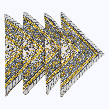 Yellow and White Hand Block Printed Cotton Napkins Set Of 4 Pieces - My Store